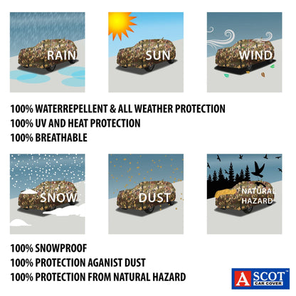 ASCOT, CAR COVER Premium | Lifetime Jungle | Car Cover for Maruti Suzuki Brezza Water-repellent & Heat-Resistant | UV Shield, Dustproof, Stormproof | Mirror Pockets, Belt & Buckle Lock