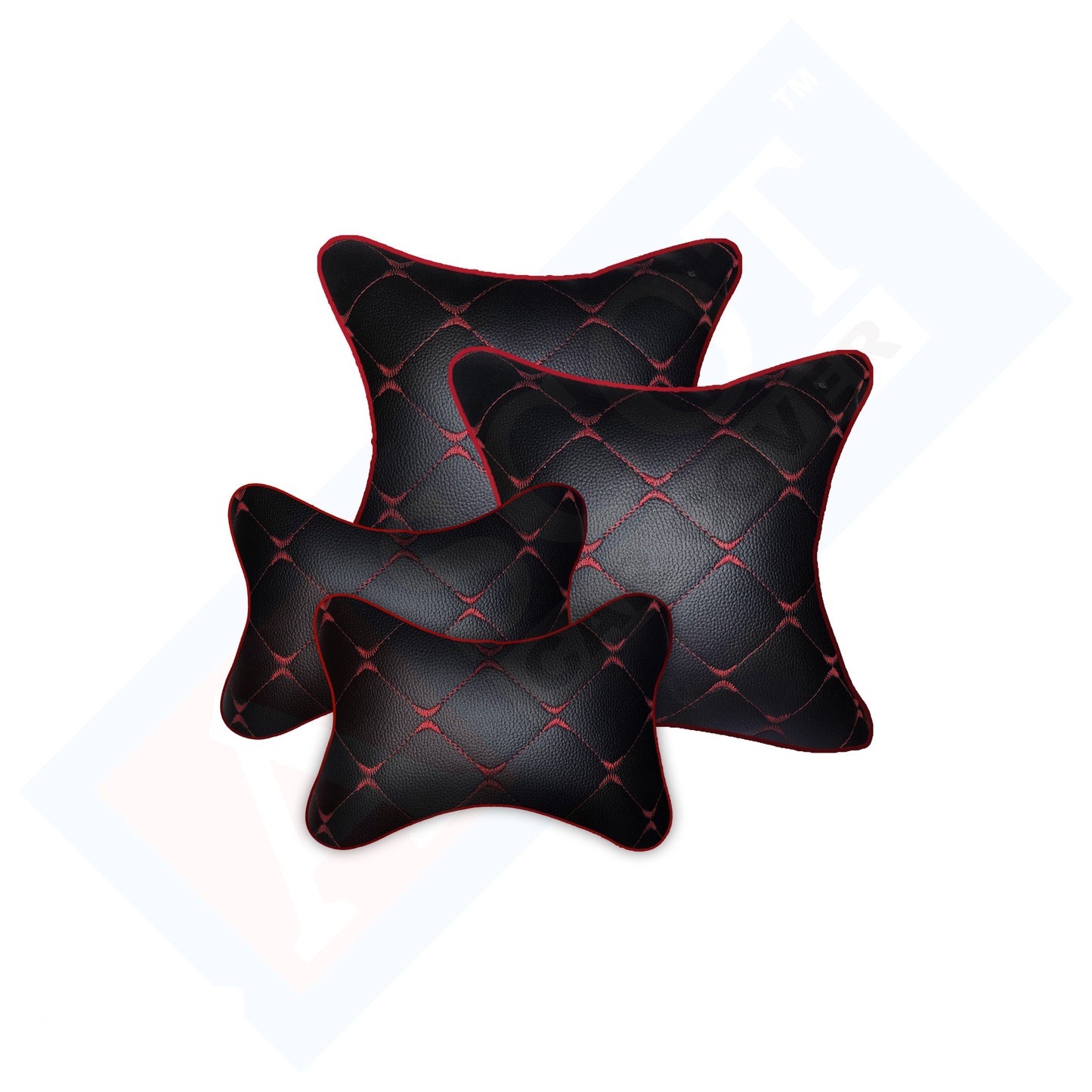 Ascot Breathable Car Cushion Pillow + Car Neck Rest Pillow Black & Red Combo Set of 4 Pieces (2+2) Comfortable & Soft for Travel