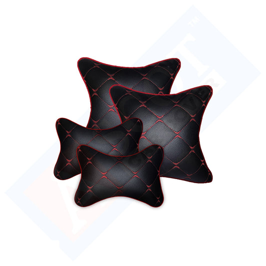 Ascot Breathable Car Cushion Pillow + Car Neck Rest Pillow Black & Red Combo Set of 4 Pieces (2+2) Comfortable & Soft for Travel
