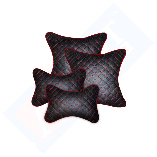Ascot Breathable Cushion & Neck Rest Pillow for Home & Car Black & Red Combo Set of 4 Pieces (2+2) Comfortable & Soft for Travel