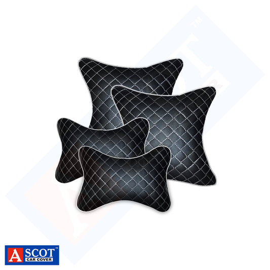 Ascot Breathable Cushion & Neck Rest Pillow for Home & Car Black & Silver Combo Set of 4 Pieces (2+2) Comfortable & Soft for Travel