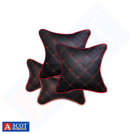 Ascot Breathable Cushion & Neck Rest Pillow for Home & Car Black & Red Combo Set of 4 Pieces (2+2) Comfortable & Soft for Travel