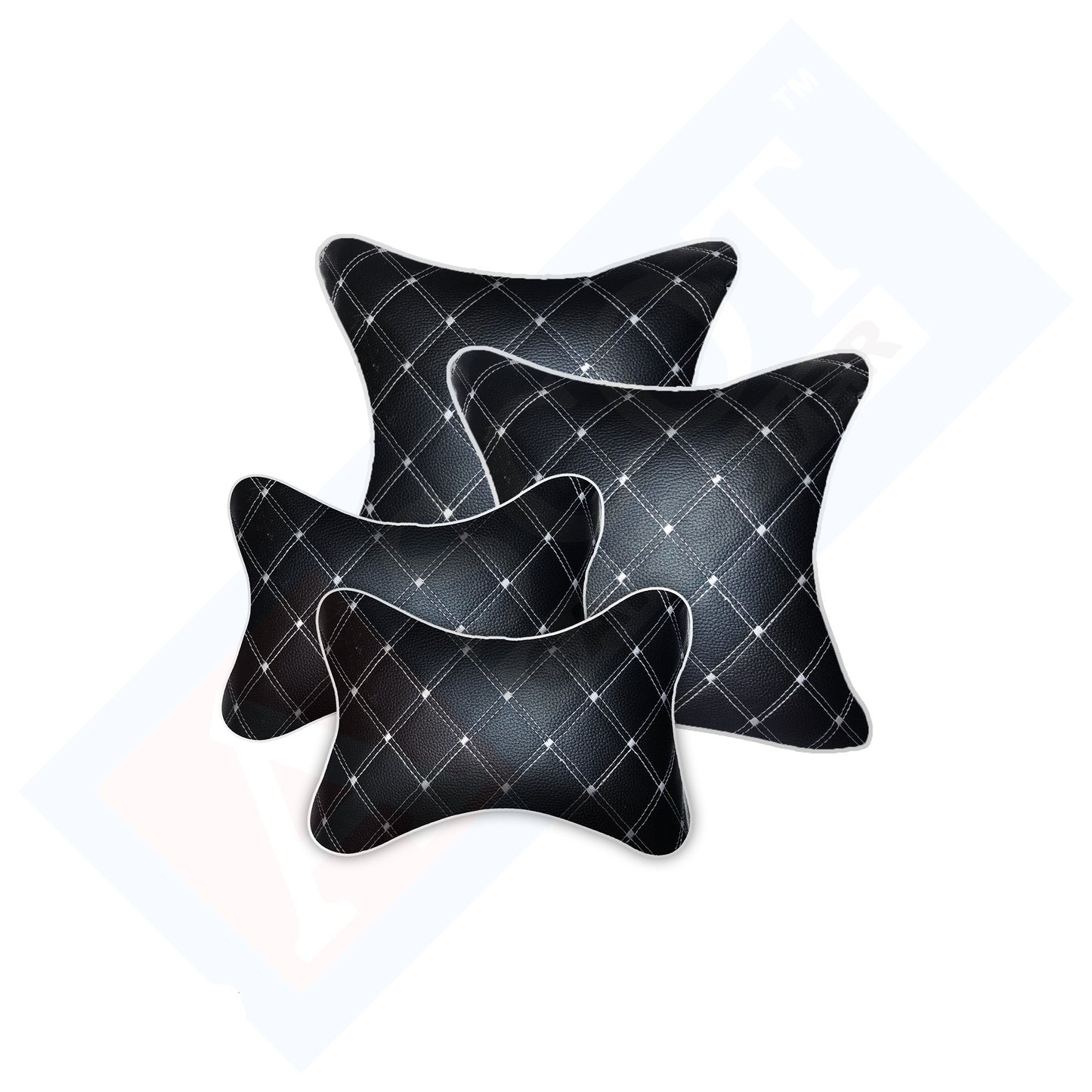 Ascot Breathable Cushion & Neck Rest Pillow for Home & Car Black with Silver Combo Set of 4 Pieces (2+2) Comfortable & Soft for Travel
