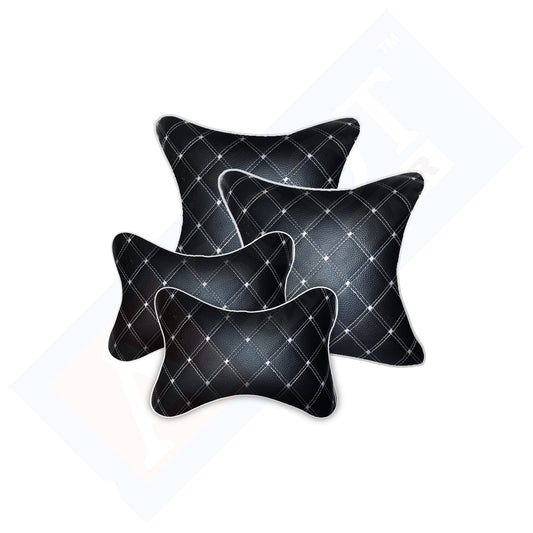 Ascot Breathable Cushion & Neck Rest Pillow for Home & Car Black with Silver Combo Set of 4 Pieces (2+2) Comfortable & Soft for Travel