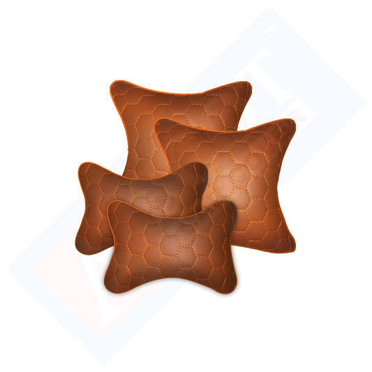 Ascot Breathable Cushion & Neck Rest Pillow for Home & Car Brown & Orange Combo Set of 4 Pieces (2+2) Comfortable & Soft for Travel