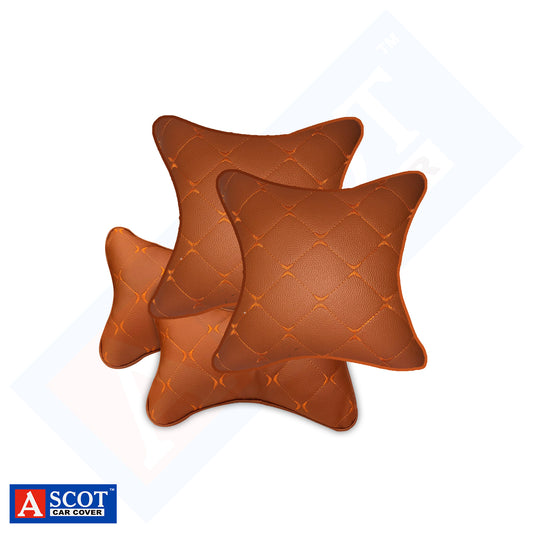 Ascot Breathable Car Cushion Pillow + Car Neck Rest Pillow Brown & Orange Combo Set of 4 Pieces (2+2) Comfortable & Soft for Travel