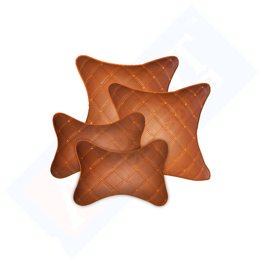 Ascot Breathable Car Cushion Pillow + Car Neck Rest Pillow Brown & Orange Combo Set of 4 Pieces (2+2) Comfortable & Soft for Travel